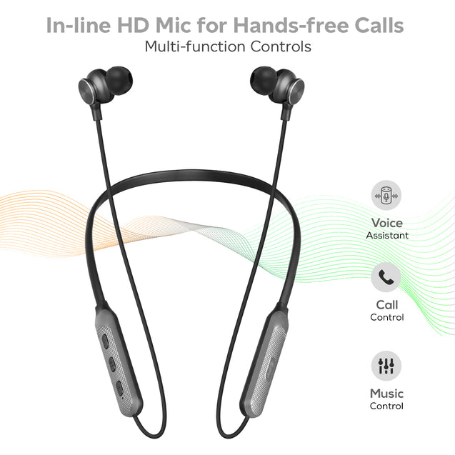 pTron Tangent Duo in Ear Wireless Headphones with Mic, 13mm Driver, Bluetooth V5.2, Dual Device Pairing, Fast Charging Type-C Wireless Neckband, Voice Assistant & IPX4 Water Resistant (Black/Cool Grey)