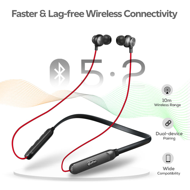 pTron Tangent Duo in Ear Wireless Headphones with Mic, 13mm Driver, Bluetooth V5.2, Dual Device Pairing, Fast Charging Type-C Wireless Neckband, Voice Assistant & IPX4 Water Resistant (Red & Jet Black)