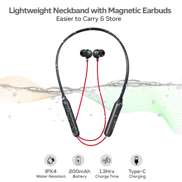 pTron Tangent Duo in Ear Wireless Headphones with Mic, 13mm Driver, Bluetooth V5.2, Dual Device Pairing, Fast Charging Type-C Wireless Neckband, Voice Assistant & IPX4 Water Resistant (Red & Jet Black)