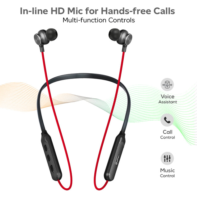 pTron Tangent Duo in Ear Wireless Headphones with Mic, 13mm Driver, Bluetooth V5.2, Dual Device Pairing, Fast Charging Type-C Wireless Neckband, Voice Assistant & IPX4 Water Resistant (Red & Jet Black)