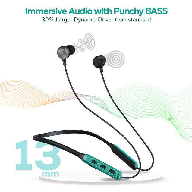 pTron Tangent Duo in Ear Wireless Headphones with Mic, 13mm Driver, Bluetooth V5.2, Dual Device Pairing, Fast Charging Type-C Wireless Neckband, Voice Assistant & IPX4 Water Resistant (Jet Black/Green)