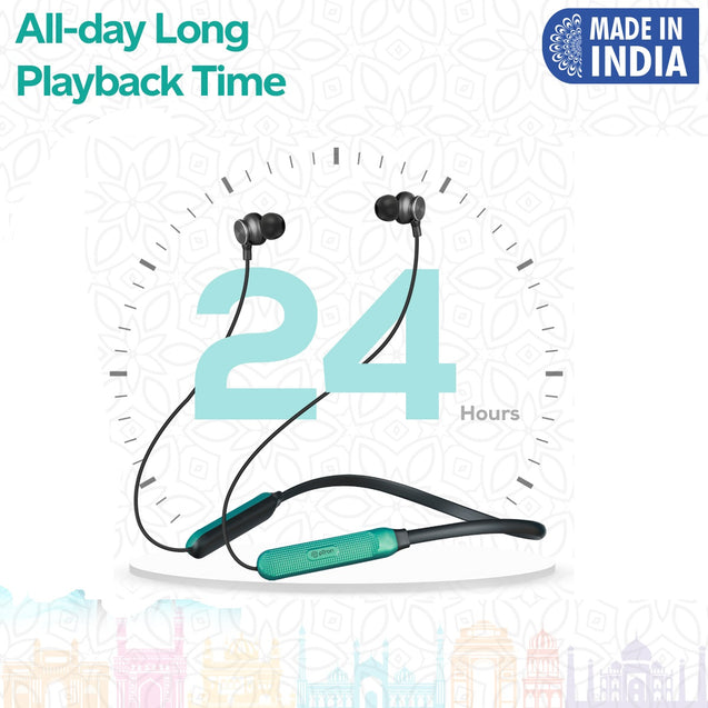 pTron Tangent Duo in Ear Wireless Headphones with Mic, 13mm Driver, Bluetooth V5.2, Dual Device Pairing, Fast Charging Type-C Wireless Neckband, Voice Assistant & IPX4 Water Resistant (Jet Black/Green)