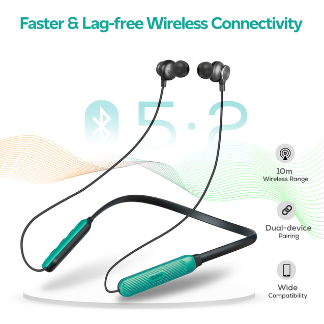 pTron Tangent Duo in Ear Wireless Headphones with Mic, 13mm Driver, Bluetooth V5.2, Dual Device Pairing, Fast Charging Type-C Wireless Neckband, Voice Assistant & IPX4 Water Resistant (Jet Black/Green)