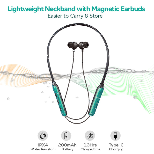 pTron Tangent Duo in Ear Wireless Headphones with Mic, 13mm Driver, Bluetooth V5.2, Dual Device Pairing, Fast Charging Type-C Wireless Neckband, Voice Assistant & IPX4 Water Resistant (Jet Black/Green)