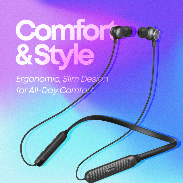 pTron Tangent Duo in Ear Wireless Headphones with Mic, 13mm Driver, Bluetooth V5.2, Dual Device Pairing, Fast Charging Type-C Wireless Neckband, Voice Assistant & IPX4 Water Resistant (Jet Black)