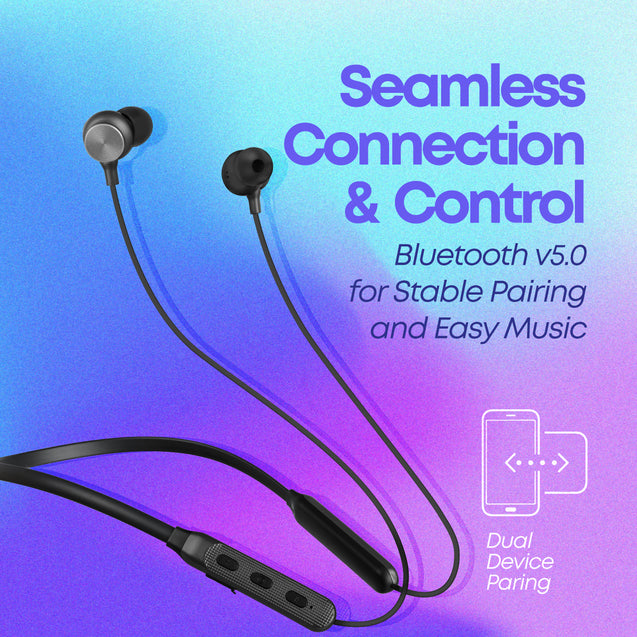 pTron Tangent Duo in Ear Wireless Headphones with Mic, 13mm Driver, Bluetooth V5.2, Dual Device Pairing, Fast Charging Type-C Wireless Neckband, Voice Assistant & IPX4 Water Resistant (Jet Black)