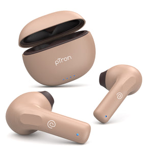 pTron Bassbuds NX in Ear TWS Earbuds, TruTalk AI-ENC Calls, 32Hrs Playtime, 13mm Drivers, Bluetooth 5.3 Wireless Headphone, Voice Assistant, Type-C Fast Charging & IPX5 Water Resistant (Brown)