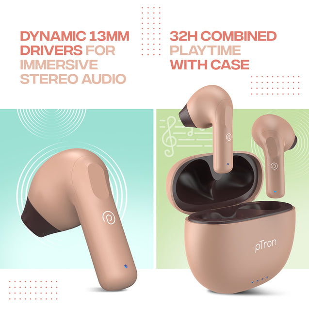 pTron Bassbuds NX in Ear TWS Earbuds, TruTalk AI-ENC Calls, 32Hrs Playtime, 13mm Drivers, Bluetooth 5.3 Wireless Headphone, Voice Assistant, Type-C Fast Charging & IPX5 Water Resistant (Brown)