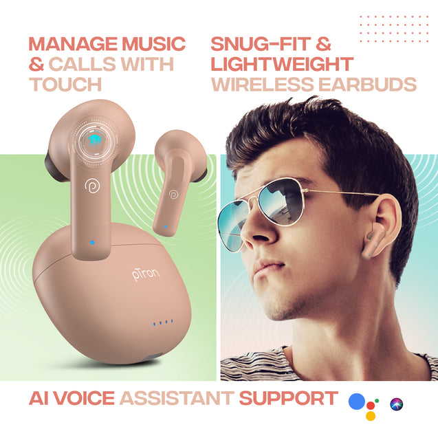 pTron Bassbuds NX in Ear TWS Earbuds, TruTalk AI-ENC Calls, 32Hrs Playtime, 13mm Drivers, Bluetooth 5.3 Wireless Headphone, Voice Assistant, Type-C Fast Charging & IPX5 Water Resistant (Brown)