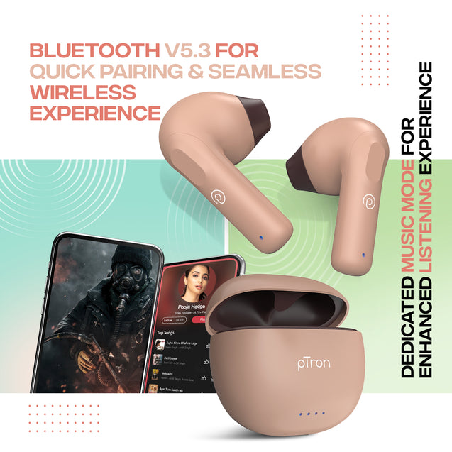 pTron Bassbuds NX in Ear TWS Earbuds, TruTalk AI-ENC Calls, 32Hrs Playtime, 13mm Drivers, Bluetooth 5.3 Wireless Headphone, Voice Assistant, Type-C Fast Charging & IPX5 Water Resistant (Brown)