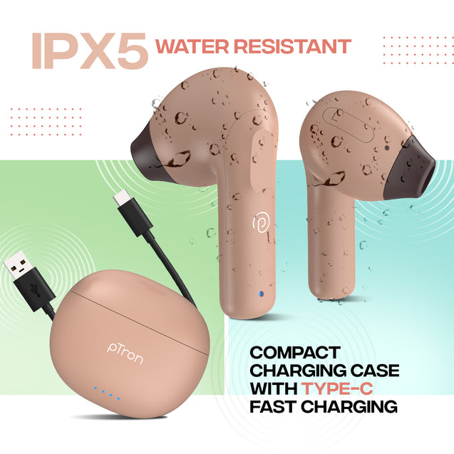 pTron Bassbuds NX in Ear TWS Earbuds, TruTalk AI-ENC Calls, 32Hrs Playtime, 13mm Drivers, Bluetooth 5.3 Wireless Headphone, Voice Assistant, Type-C Fast Charging & IPX5 Water Resistant (Brown)