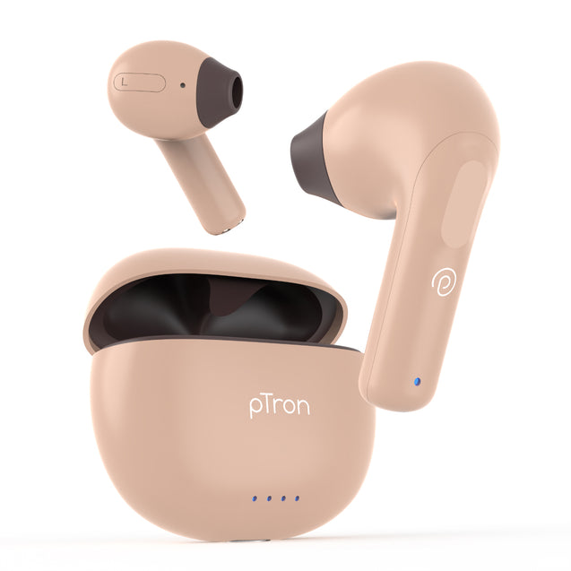pTron Bassbuds NX in Ear TWS Earbuds, TruTalk AI-ENC Calls, 32Hrs Playtime, 13mm Drivers, Bluetooth 5.3 Wireless Headphone, Voice Assistant, Type-C Fast Charging & IPX5 Water Resistant (Brown)