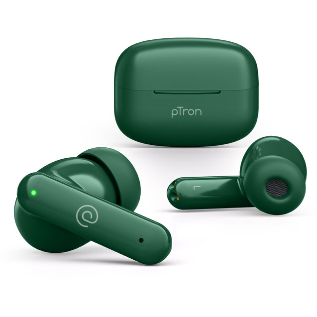 pTron Zenbuds X1 Quad Mic TWS Earbuds, 40hrs Playtime, In-Ear Sensor, TruTalk AI-ENC Calls, 40ms Movie/Music Modes, Bluetooth 5.3 Headphones, TypeC Fast Charging & IPX5 Water Resistant (Forest Green)