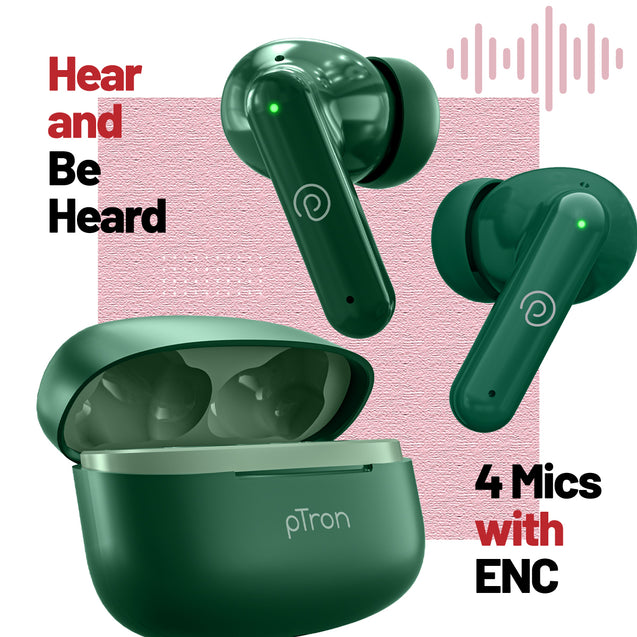 pTron Zenbuds X1 Quad Mic TWS Earbuds, 40hrs Playtime, In-Ear Sensor, TruTalk AI-ENC Calls, 40ms Movie/Music Modes, Bluetooth 5.3 Headphones, TypeC Fast Charging & IPX5 Water Resistant (Forest Green)