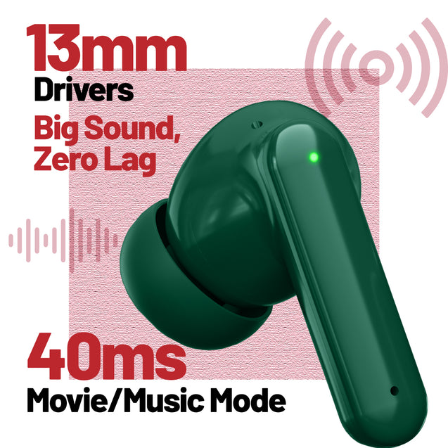 pTron Zenbuds X1 Quad Mic TWS Earbuds, 40hrs Playtime, In-Ear Sensor, TruTalk AI-ENC Calls, 40ms Movie/Music Modes, Bluetooth 5.3 Headphones, TypeC Fast Charging & IPX5 Water Resistant (Forest Green)