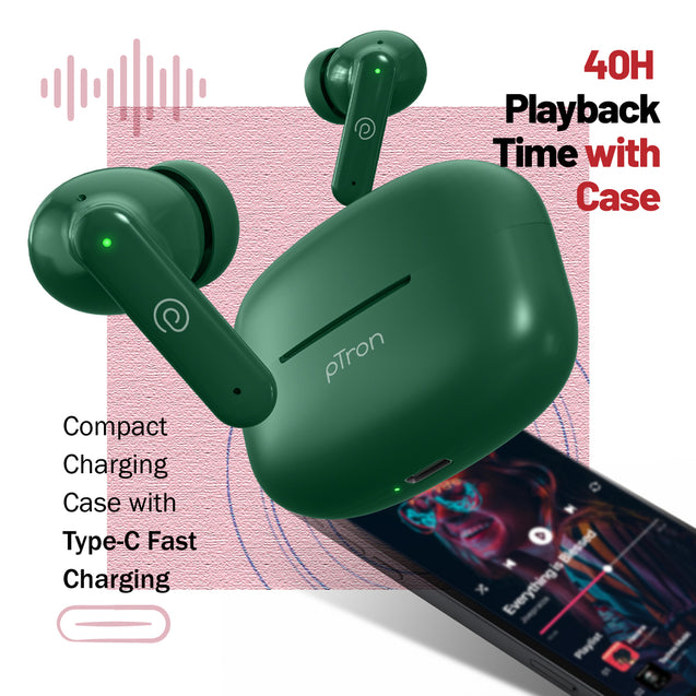 pTron Zenbuds X1 Quad Mic TWS Earbuds, 40hrs Playtime, In-Ear Sensor, TruTalk AI-ENC Calls, 40ms Movie/Music Modes, Bluetooth 5.3 Headphones, TypeC Fast Charging & IPX5 Water Resistant (Forest Green)