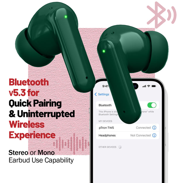 pTron Zenbuds X1 Quad Mic TWS Earbuds, 40hrs Playtime, In-Ear Sensor, TruTalk AI-ENC Calls, 40ms Movie/Music Modes, Bluetooth 5.3 Headphones, TypeC Fast Charging & IPX5 Water Resistant (Forest Green)