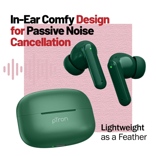 pTron Zenbuds X1 Quad Mic TWS Earbuds, 40hrs Playtime, In-Ear Sensor, TruTalk AI-ENC Calls, 40ms Movie/Music Modes, Bluetooth 5.3 Headphones, TypeC Fast Charging & IPX5 Water Resistant (Forest Green)