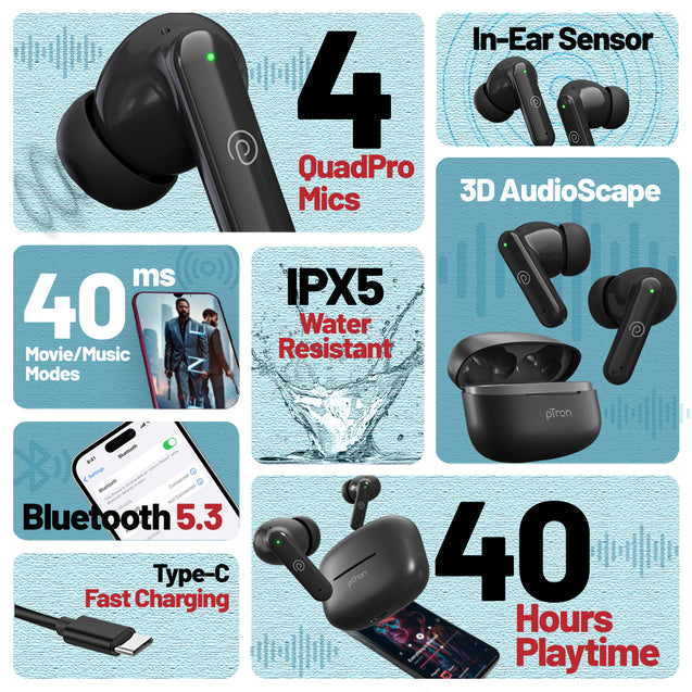 pTron Zenbuds X1 TWS Earbuds with Mic (Jet Black)