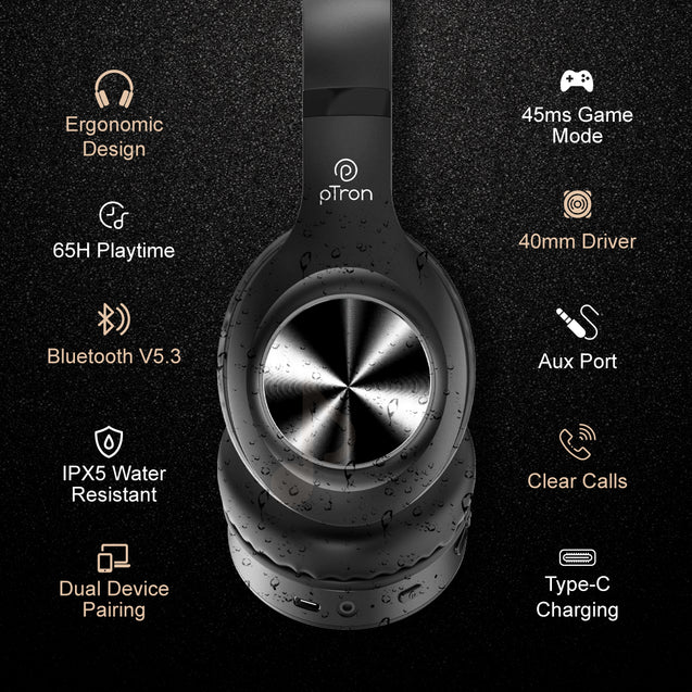 pTron Studio Pro Over-Ear BT5.3 Headphones (Black)