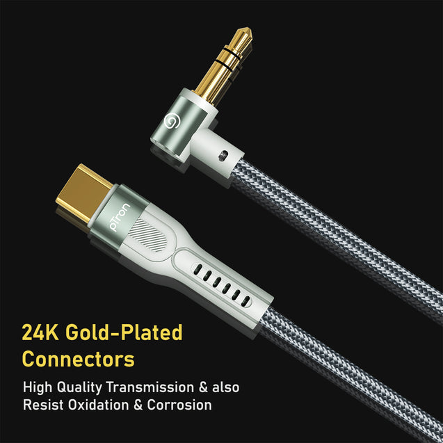 pTron Type-C to 3.5mm Aux Cable, 90 Degree Gold-plated Connector, Male to Male Stereo Audio Cable, Metal Heads, Nylon Braided, Compatible with iPhone 15 Pro Max/15 Pro/15 Plus, Solero A15 (1.5m, Grey)