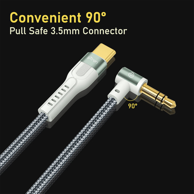 pTron Type-C to 3.5mm Aux Cable, 90 Degree Gold-plated Connector, Male to Male Stereo Audio Cable, Metal Heads, Nylon Braided, Compatible with iPhone 15 Pro Max/15 Pro/15 Plus, Solero A15 (1.5m, Grey)