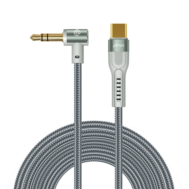 pTron Type-C to 3.5mm Aux Cable, 90 Degree Gold-plated Connector, Male to Male Stereo Audio Cable, Metal Heads, Nylon Braided, Compatible with iPhone 15 Pro Max/15 Pro/15 Plus, Solero A15 (1.5m, Grey)
