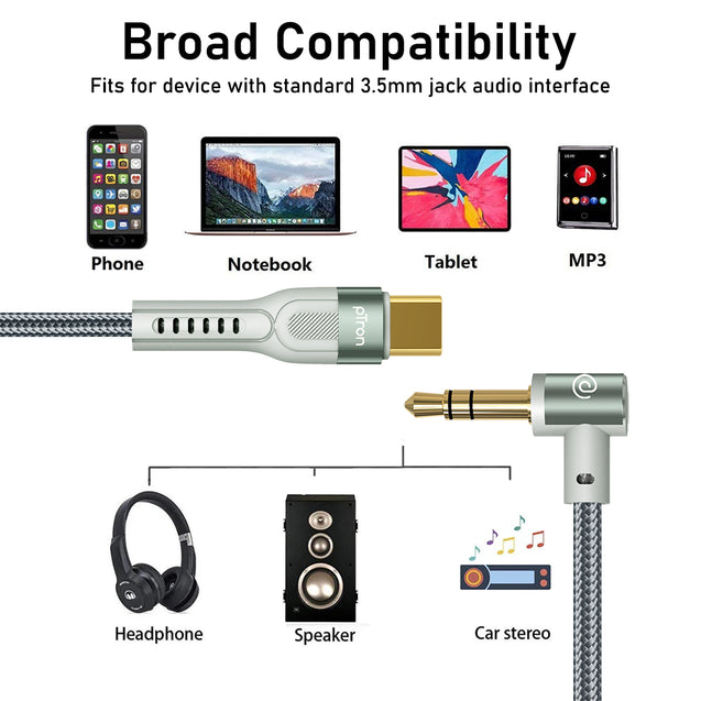 pTron Type-C to 3.5mm Aux Cable, 90 Degree Gold-plated Connector, Male to Male Stereo Audio Cable, Metal Heads, Nylon Braided, Compatible with iPhone 15 Pro Max/15 Pro/15 Plus, Solero A15 (1.5m, Grey)