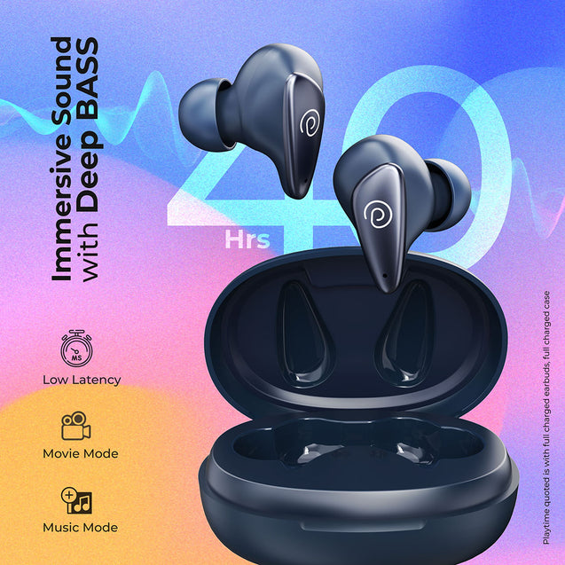 pTron Bassbuds Wave with TruTalk AI-ENC Calls, Movie/Music Modes, Deep Bass, BT5.3 Wireless Headphones, 40Hrs Combined Playtime, in-Ear TWS Earbuds, Touch Control, Type-C Fast Charging & IPX4 (Ash Blue)