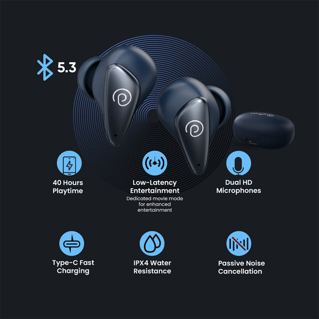 pTron Bassbuds Wave with TruTalk AI-ENC Calls, Movie/Music Modes, Deep Bass, BT5.3 Wireless Headphones, 40Hrs Combined Playtime, in-Ear TWS Earbuds, Touch Control, Type-C Fast Charging & IPX4 (Ash Blue)