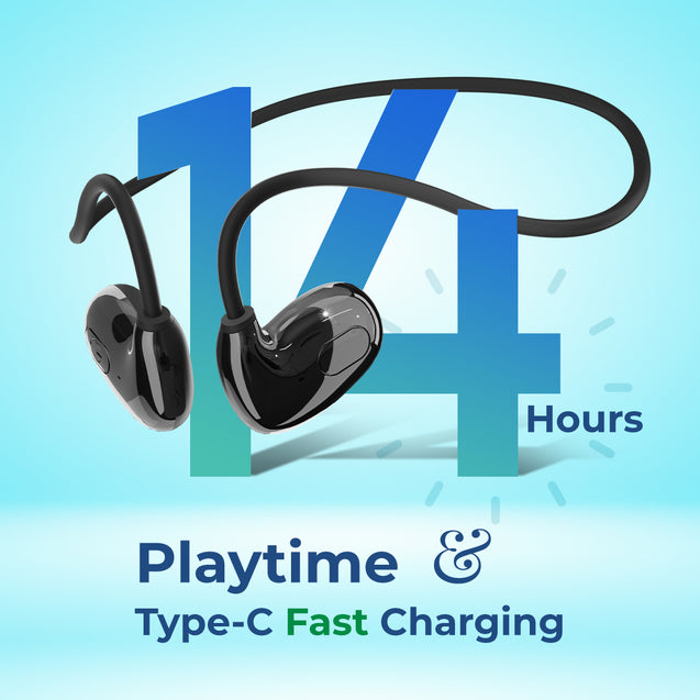 pTron Tangent Play Open-Ear Wireless On Ear Neckband with HD Mic, Safebeats Design Ear Health & Comfort, 14Hrs Playtime, BT v5.3 Wireless Headphones, Touch Control, Type-C Fast Charge & IPX5 (Shiny Black)