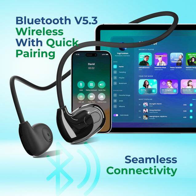 pTron Tangent Play Open-Ear Wireless On Ear Neckband with HD Mic, Safebeats Design Ear Health & Comfort, 14Hrs Playtime, BT v5.3 Wireless Headphones, Touch Control, Type-C Fast Charge & IPX5 (Shiny Black)