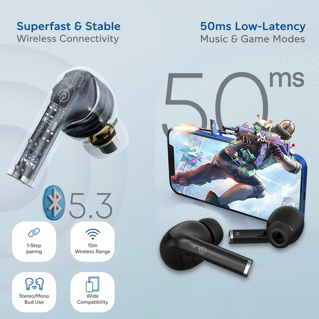 pTron Bassbuds Neo TWS Earbuds, HD Mic & TruTalk AI-ENC Calls, Immersive Sound, Game/Music Modes, 35H Playtime, in-Ear Bluetooth 5.3 Headphones, Type-C Fast Charging & IPX5 Water Resistant (Ink Black)