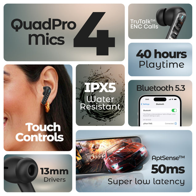 pTron Bassbuds Bliss TWS In-Ear Earbuds with 4 Quadpro Mics, 3D Audioscape, TruTalk ENC Calls, 40H Playtime, 50ms Low-Latency Game/Music Modes, BT5.3 Headphones, Type C Fast Charging & IPX5(Jet Black)