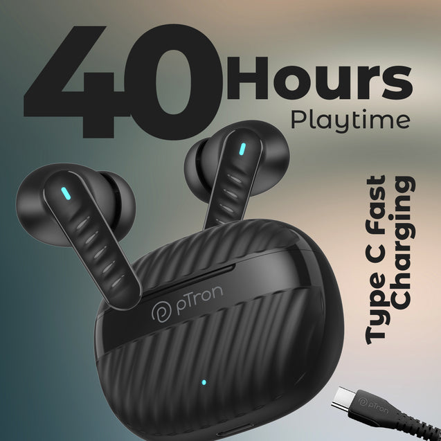 pTron Bassbuds Bliss TWS In-Ear Earbuds with 4 Quadpro Mics, 3D Audioscape, TruTalk ENC Calls, 40H Playtime, 50ms Low-Latency Game/Music Modes, BT5.3 Headphones, Type C Fast Charging & IPX5(Jet Black)