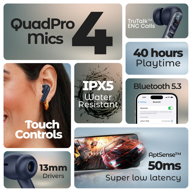 pTron Bassbuds Bliss TWS In-Ear Earbuds with 4 Quadpro Mics, 3D Audioscape, TruTalk ENC Calls, 40H Playtime, 50ms Low-Latency Game/Music Modes, BT5.3 Headphones,Type C Fast Charging & IPX5 (Navy Blue)