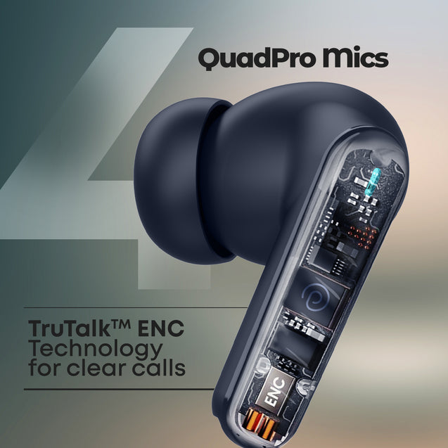 pTron Bassbuds Bliss TWS In-Ear Earbuds with 4 Quadpro Mics, 3D Audioscape, TruTalk ENC Calls, 40H Playtime, 50ms Low-Latency Game/Music Modes, BT5.3 Headphones,Type C Fast Charging & IPX5 (Navy Blue)