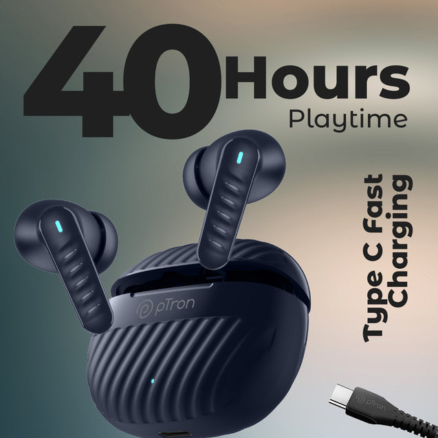 pTron Bassbuds Bliss TWS In-Ear Earbuds with 4 Quadpro Mics, 3D Audioscape, TruTalk ENC Calls, 40H Playtime, 50ms Low-Latency Game/Music Modes, BT5.3 Headphones,Type C Fast Charging & IPX5 (Navy Blue)