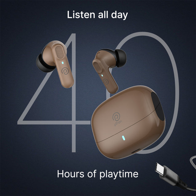pTron Zenbuds 1 V2 ANC Bluetooth V5.3 in Ear Earbuds, 32Db Quietsound Tech, 13Mm Hyperdrivers with 4D Panaromic Audio, 4 Quadpro ANC Mics, 40Ms Low Latency Game/Music Modes & IPX5 (Dark Brown)