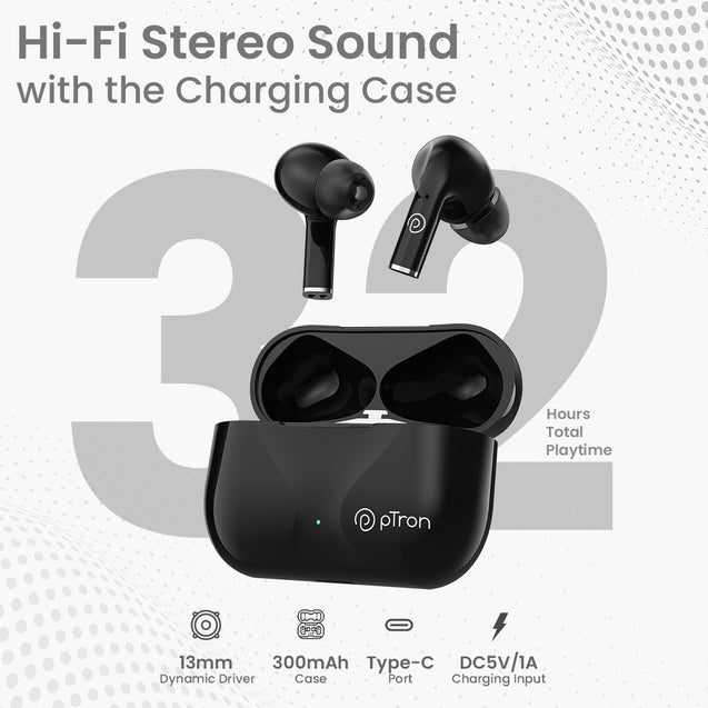 pTron Basspods P181 in-Ear TWS Earbuds with 32Hrs Total Playtime, Clear Calls, Bluetooth 5.1 Wireless Headphones, Stereo Audio, Touch Control, Type-C Fast Charging, IPX4 & Voice Assist (Pearl Black)