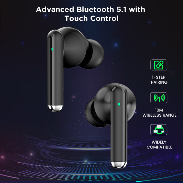 pTron Bassbuds Pixel In-Ear TWS Earbuds, HD Mic for Stereo Calls, Pristine Sound, 50ms Low Latency Movie/Gaming Modes, 35H Playtime, Bluetooth V5.1 Wireless Headphones, Touch Control & IPX4 (Pearl Black)