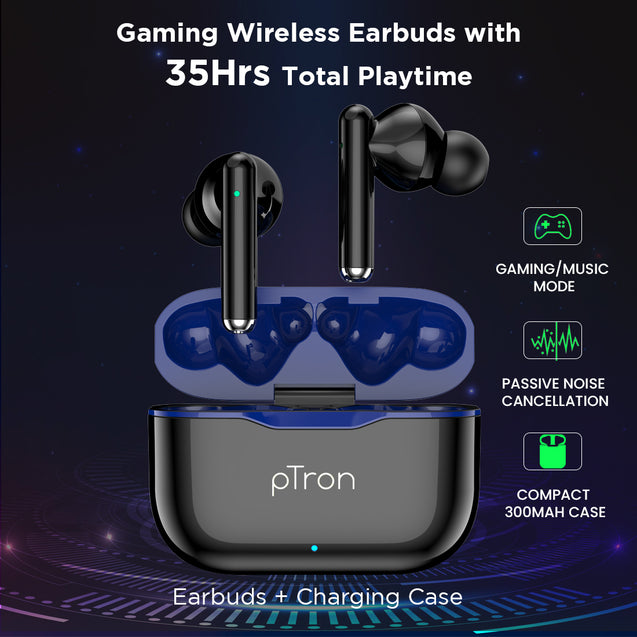 pTron Bassbuds Pixel In-Ear TWS Earbuds, HD Mic for Stereo Calls, Pristine Sound, 50ms Low Latency Movie/Gaming Modes, 35H Playtime, Bluetooth V5.1 Wireless Headphones, Touch Control & IPX4 (Pearl Black)