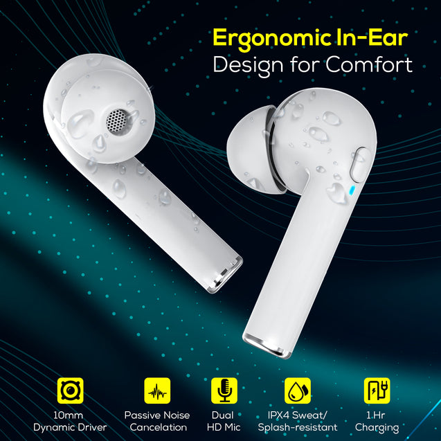 pTron Bassbuds Vista In-Ear TWS Earbuds, HD Mic for Clear Calls, Immersive Audio, Snug-fit Buds, Bluetooth v5.1 with Quick Pairing, Passive Noise Cancelation, Voice Assist & IPX4 (Snow White)
