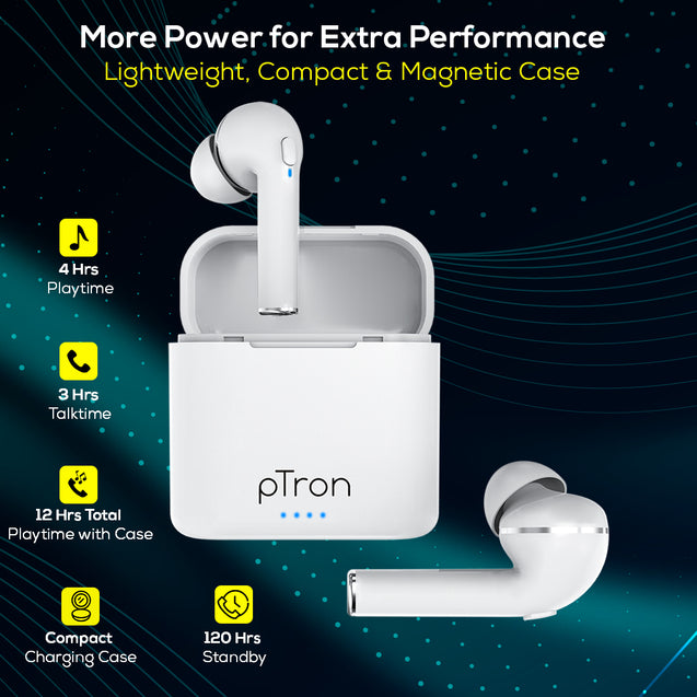 pTron Bassbuds Vista In-Ear TWS Earbuds, HD Mic for Clear Calls, Immersive Audio, Snug-fit Buds, Bluetooth v5.1 with Quick Pairing, Passive Noise Cancelation, Voice Assist & IPX4 (Snow White)