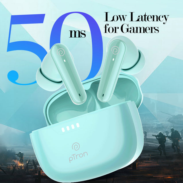pTron Basspods Tour TWS Earbuds with 3D AudioScape, 45Hrs Playtime, TruTalk AI-ENC Calls, 50ms Low Latency Sync, BT v5.3, Type-C Fast Charging, Voice Asst. & IPX5 Water Resistant (Mint Julep)