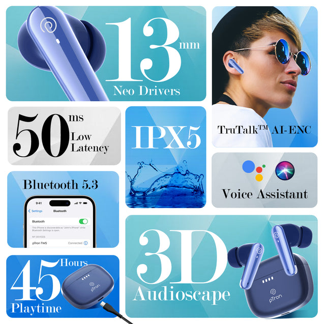 pTron Basspods Tour TWS Earbuds with 3D AudioScape, 45Hrs Playtime, TruTalk AI-ENC Calls, 50ms Low Latency Sync, BT v5.3, Type-C Fast Charging, Voice Asst. & IPX5 Water Resistant (Blue)