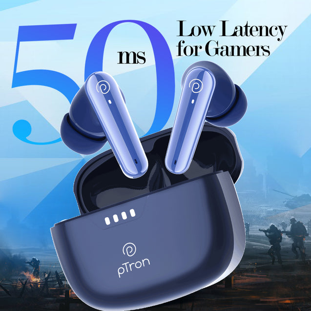 pTron Basspods Tour TWS Earbuds with 3D AudioScape, 45Hrs Playtime, TruTalk AI-ENC Calls, 50ms Low Latency Sync, BT v5.3, Type-C Fast Charging, Voice Asst. & IPX5 Water Resistant (Blue)