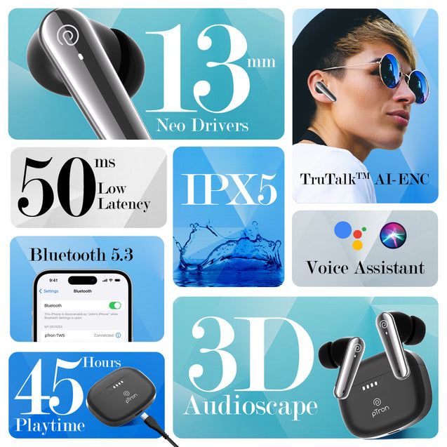 pTron Basspods Tour TWS Earbuds with 3D AudioScape, 45Hrs Playtime, TruTalk AI-ENC Calls, 50ms Low Latency Sync, BT v5.3, Type-C Fast Charging, Voice Asst. & IPX5 Water Resistant (Black)