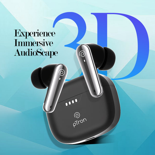 pTron Basspods Tour TWS Earbuds with 3D AudioScape, 45Hrs Playtime, TruTalk AI-ENC Calls, 50ms Low Latency Sync, BT v5.3, Type-C Fast Charging, Voice Asst. & IPX5 Water Resistant (Black)