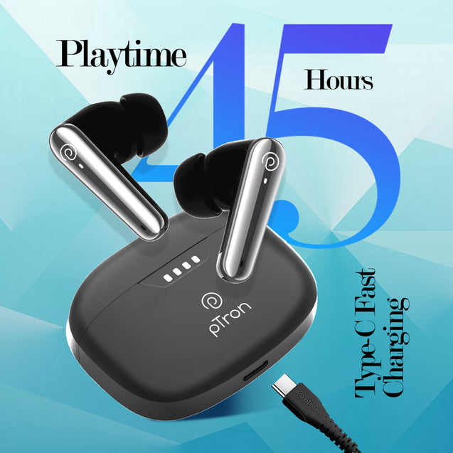 pTron Basspods Tour TWS Earbuds with 3D AudioScape, 45Hrs Playtime, TruTalk AI-ENC Calls, 50ms Low Latency Sync, BT v5.3, Type-C Fast Charging, Voice Asst. & IPX5 Water Resistant (Black)